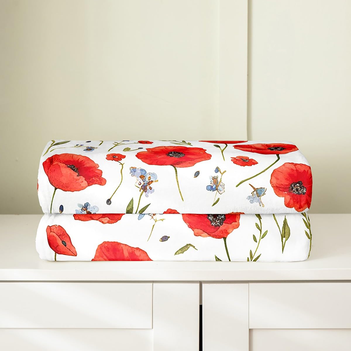 Feelyou Red Poppy Fuzzy Blanket Throw 50"x60" Floral Flower Blossom Printed Flannel Fleece Throw Blanket Botanical Branches All Season Bed Blanket Spring Garden Plush Blanket