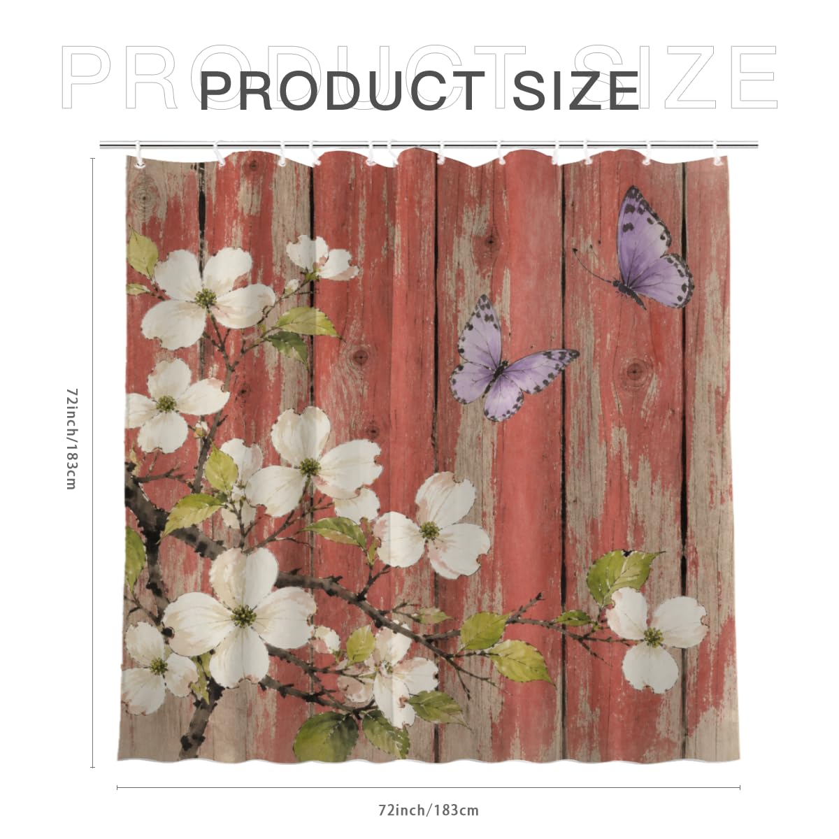 TopPacific White Blossom Red Wood Shower Curtain 72x72 Inch Shower Curtain with 12 Hooks Polyester White Blossoms Butterflies Red Wood Fence Bathroom Decor