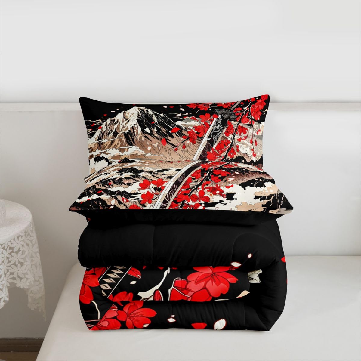 Erosebridal Japanese Style Comforter Set for Kids Boys Girls Red Japanese Cherry Blossoms Bedding Mount Fuji Duvet Set Romance Japan Comforter Full with 2 Pillowcases