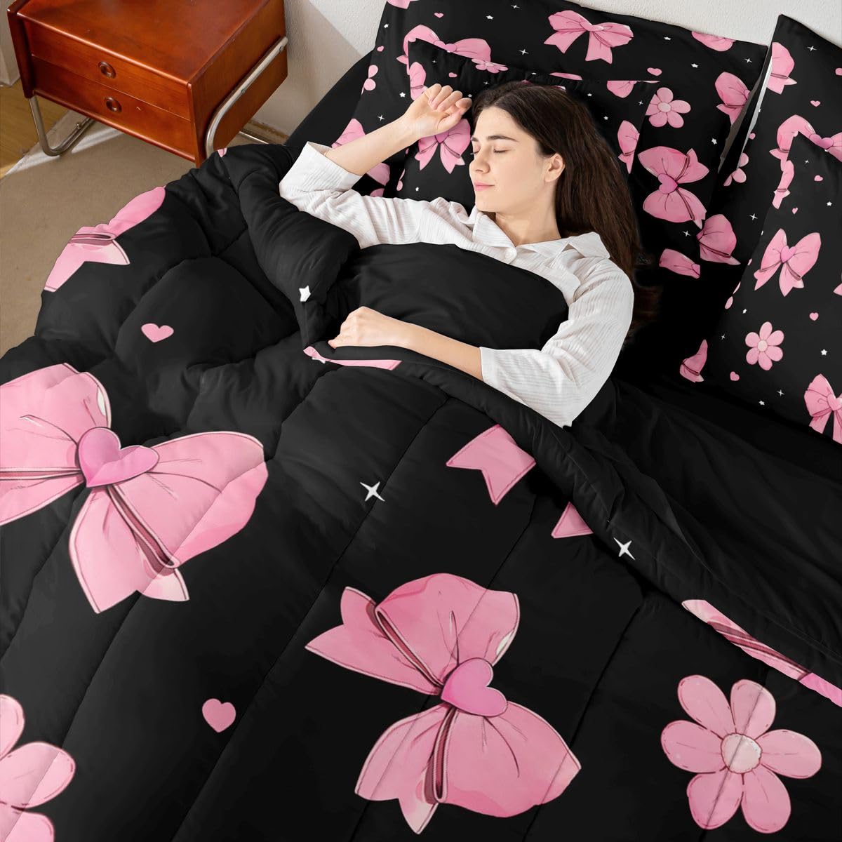 Erosebridal Bowknot 7 Piece Comforter Set King Size Black Pink Bedding Set for Girls Kids Bedroom Pink Bows Comforter Microfiber Bow Heart Pattern Bed in A Bag with Sheets Flower Bed Set