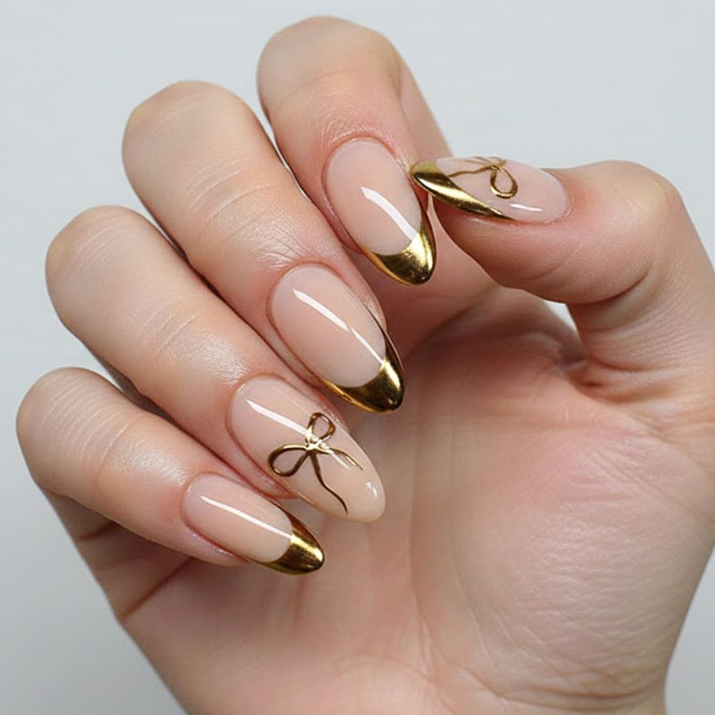 Gold Bow French Tip Press on Nails Medium Almond Fake Nails with Designs Glossy Full Cover Stick on False Nail Set for Women 24 Pcs
