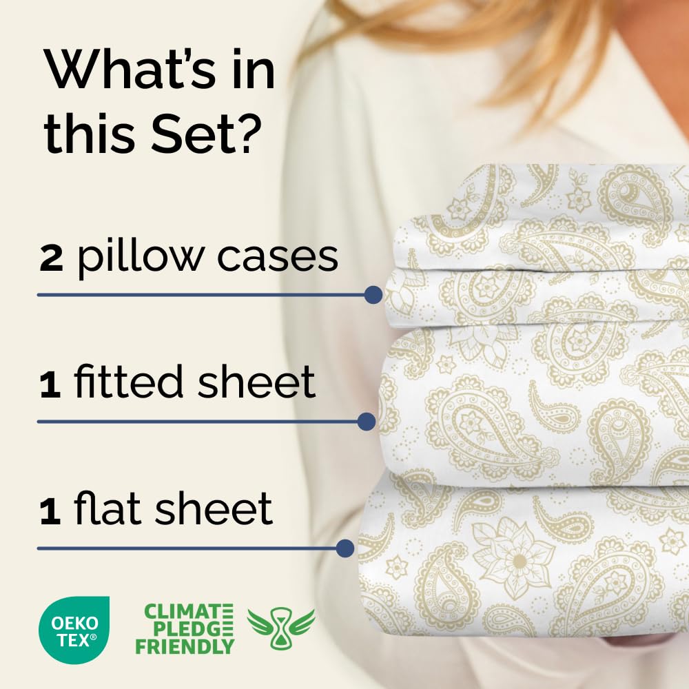 Floral Sheets - Paisley Bed Sheet Set - 1 Flat, 1 Fitted & 2 Pillowcases w/ Deep Pockets - Comfy, Cozy, Wrinkle & Fade Free - Boho Botanical Bedding - Ultra-Soft, Breathable & Cooling - King Size