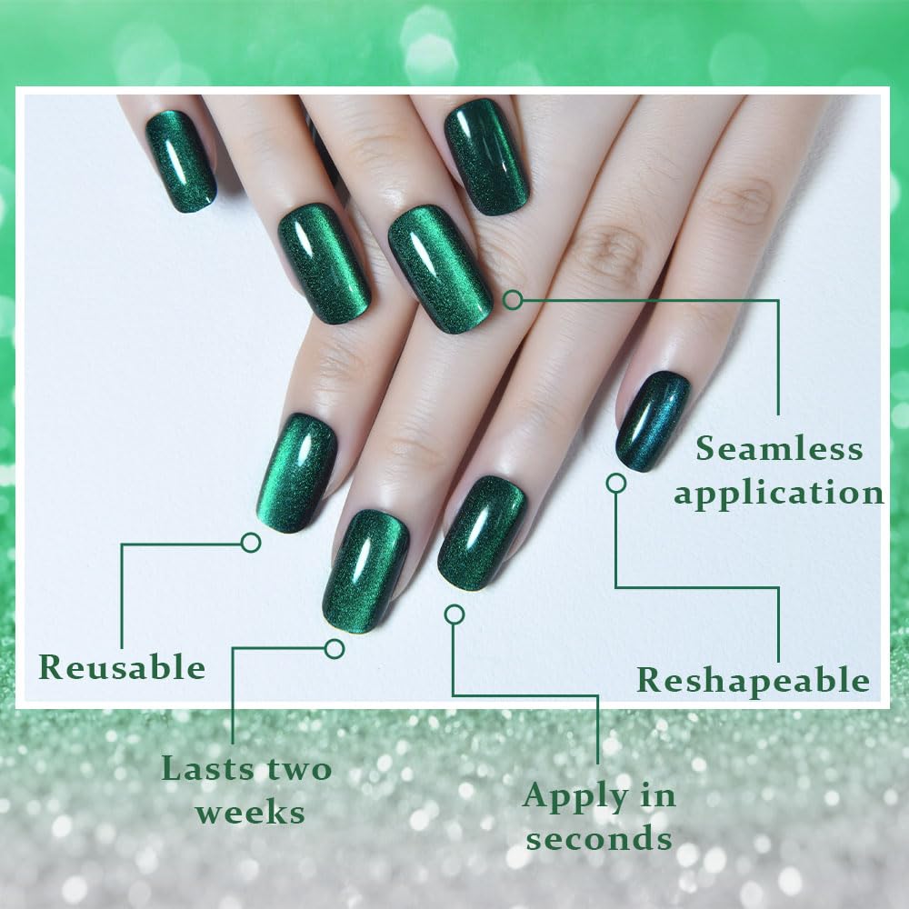 evpct Dark Emerald Green Metallic Cat Eye Press on Nails Square Medium, Stick on Nails Medium Length Square for Women, Green Metallic Nail press ons, Iridescent Glitter Acrylic Fake Press on Nail