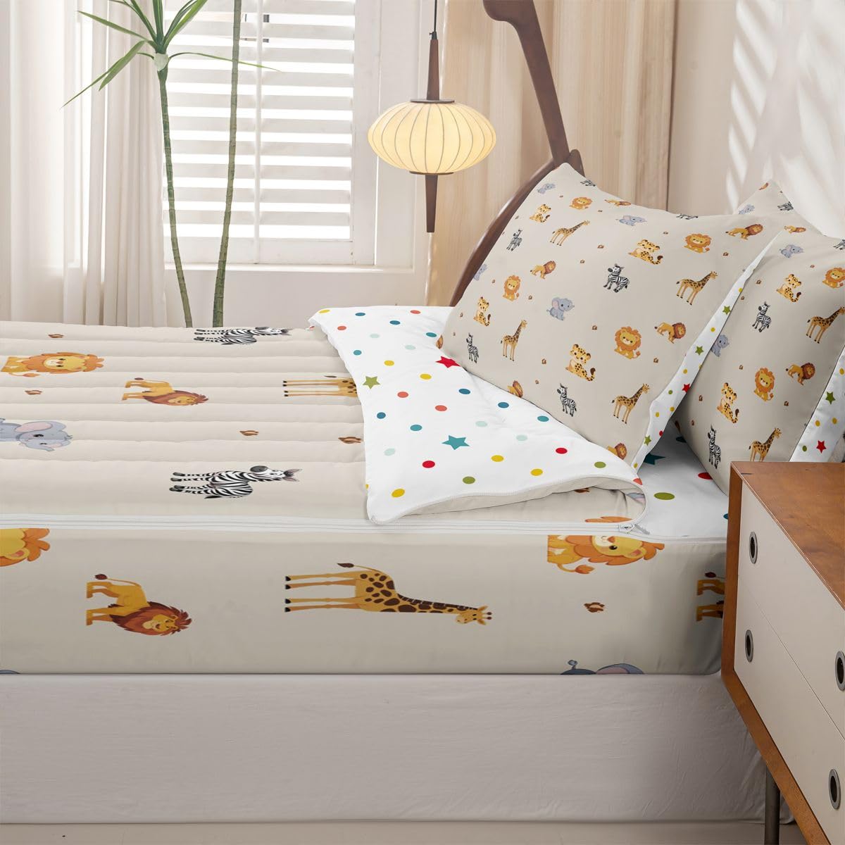 Erosebridal Cute Animals Zippable Bedding, Cartoon Giraffe Lion Tiger Wildlife Twin Size Comforter Set, Kids Zoo Wild Animals Sheets and Pillowcases, Elephant Zebra Woodland Zipper Bedding Set
