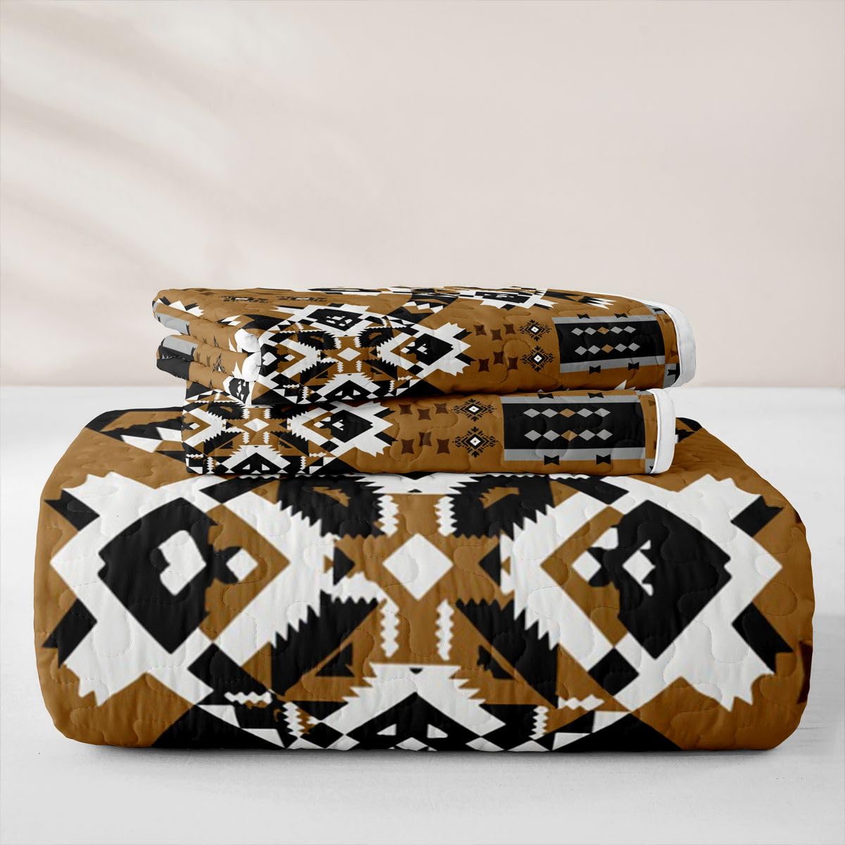 Caramel Tan Southwestern Kids Queen Quilt Bedding Set,Soft Bedspread Coverlet Quilted Blanket,Aztec Tribal Black White Geometric 3 Piece Quilted Bedding for Boys Girls Teens Quilted Comforter