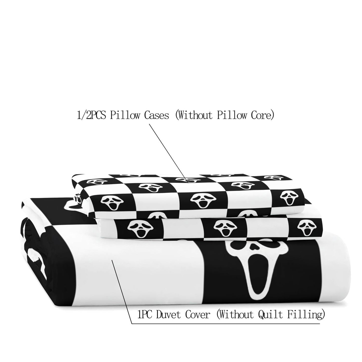 LUVIVIHOME 3PCS Funny Scream Face Duvet Cover Queen Bedding Set, Black and White Checkered Duvet Cover, Halloween Horror Scary Spooky Ghost Skull Face Grid Buffalo Plaid Comforter Cover 2 Pillow Cases