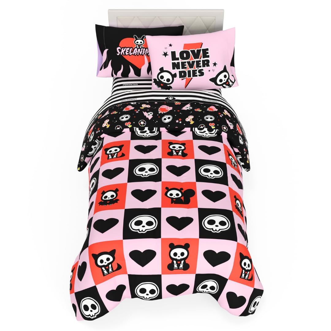 Skelanimals Bedding 5 Piece Twin Bed Set, Soft Checkered Comforter and Sheet Set with Sham, Kit The Cat, (Officially Licensed Product) by Franco Collectibles