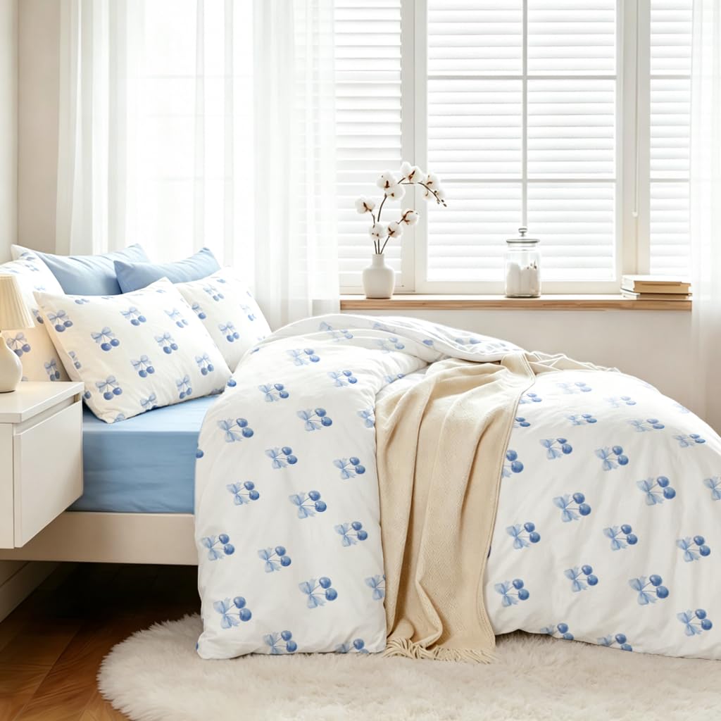 Sedefen Blue Cherry Duvet Cover Set, Light Blue Bow Bedding Set for Kids Boys Girls, Cute Cherry Soft Microfiber Reversible Duvet Cover for All Seasons