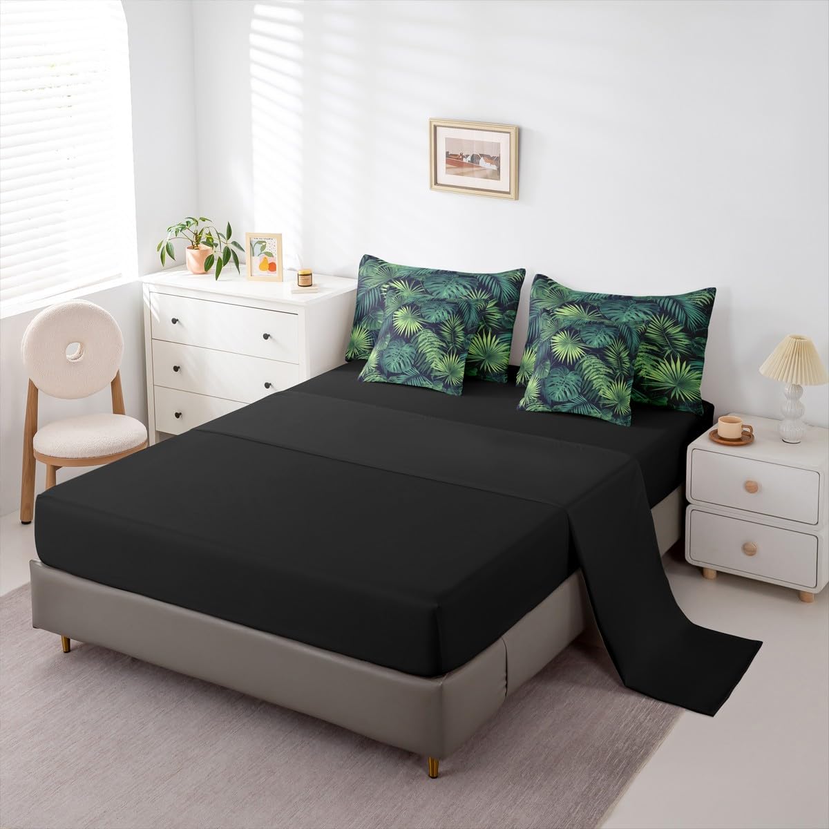 Erosebridal Palm Leaves King Comforter Set 7 Pieces, Monstera Bed in A Bag for Bedroom, Hawaii Tropical Leaves Bedding Set with Comforters, Sheets, Pillowcases Summer Boho Hippie Style Room Decor
