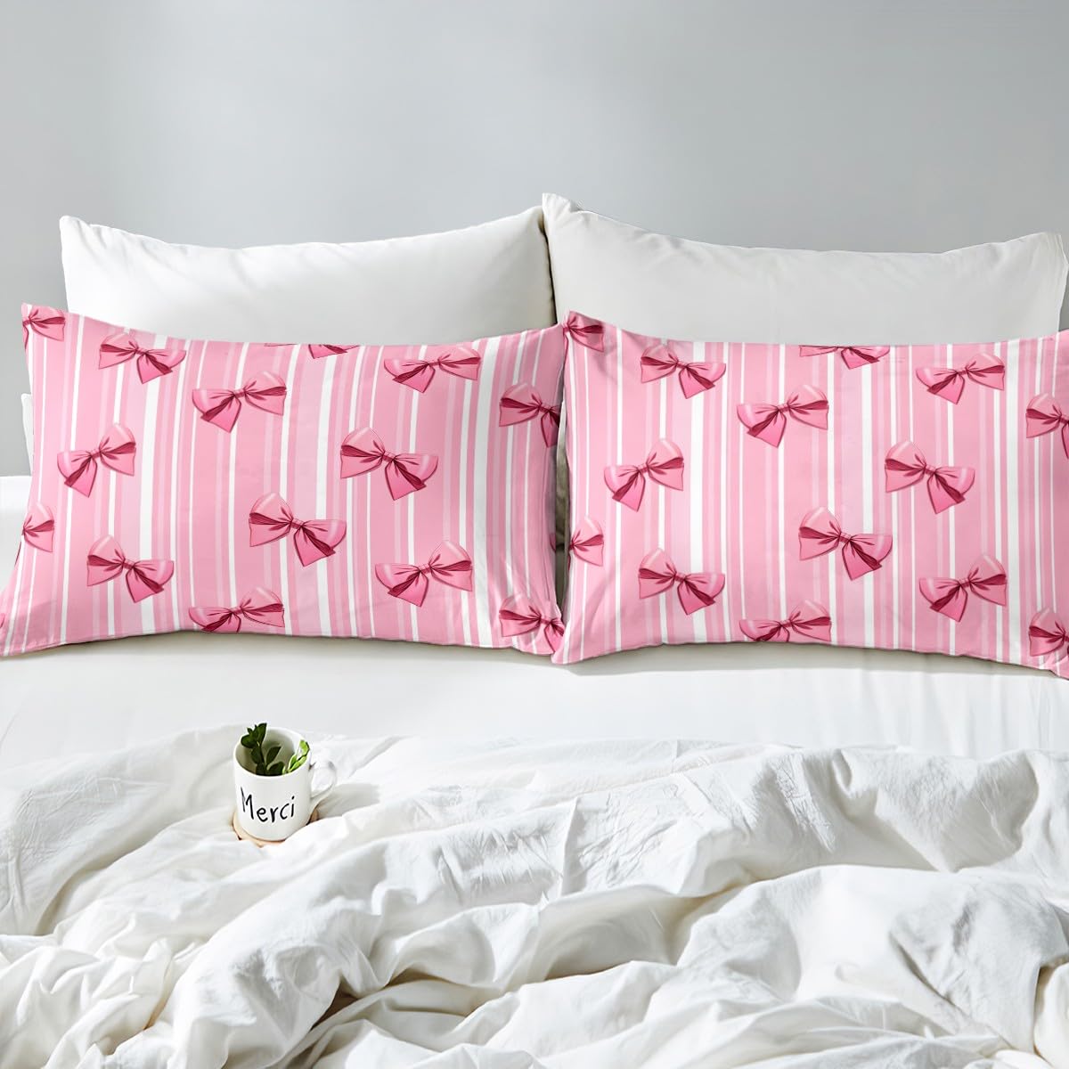 Erosebridal Pink Bowknot Bedding Set for Girls Bedroom, Dreamy Princess Full Size Comforter Set, Cute Bow Girly Down Comforter, Kawaii Stripes Quilt,Lightweight Bedroom Decor