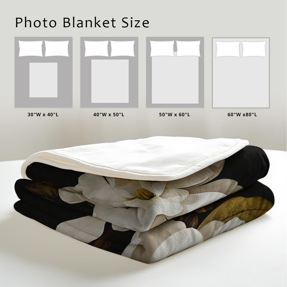 HUNXIAOJ Magnolia Print Blanket Black and White Throw Soft Magnolia Flannel Blanket Flower Bedding Decor Gifts Botanical Floral Throw for Bed Couch (59"x78")