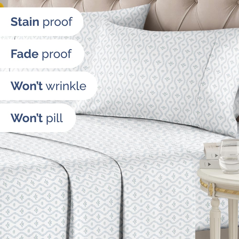 Floral Sheets - Damask Floral Bed Sheet Set - 1 Flat & 1 Fitted & 2 Pillowcases w/ Deep Pockets - Comfy, Wrinkle & Fade Free Boho Botanical Bedding - Ultra-Soft, Breathable and Cooling - King Size
