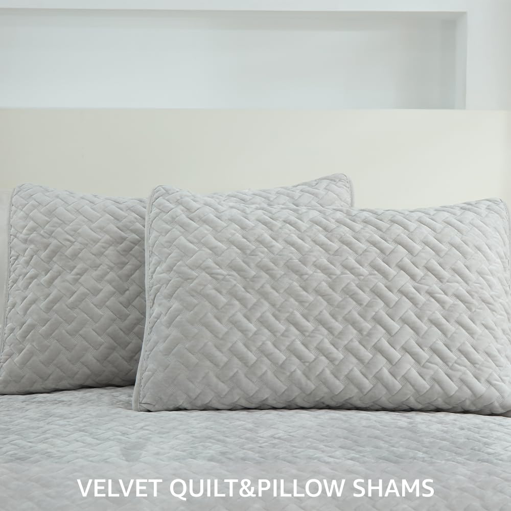 Liians Velvet Bedspread Quilt Bedding Sets,Luxury Elegant Ultra Soft Velvet Comforters Coverlet Blankets,Weave Stitching Pattern Cotton Quilted Bedspread for All Seasons,Beige,King Size