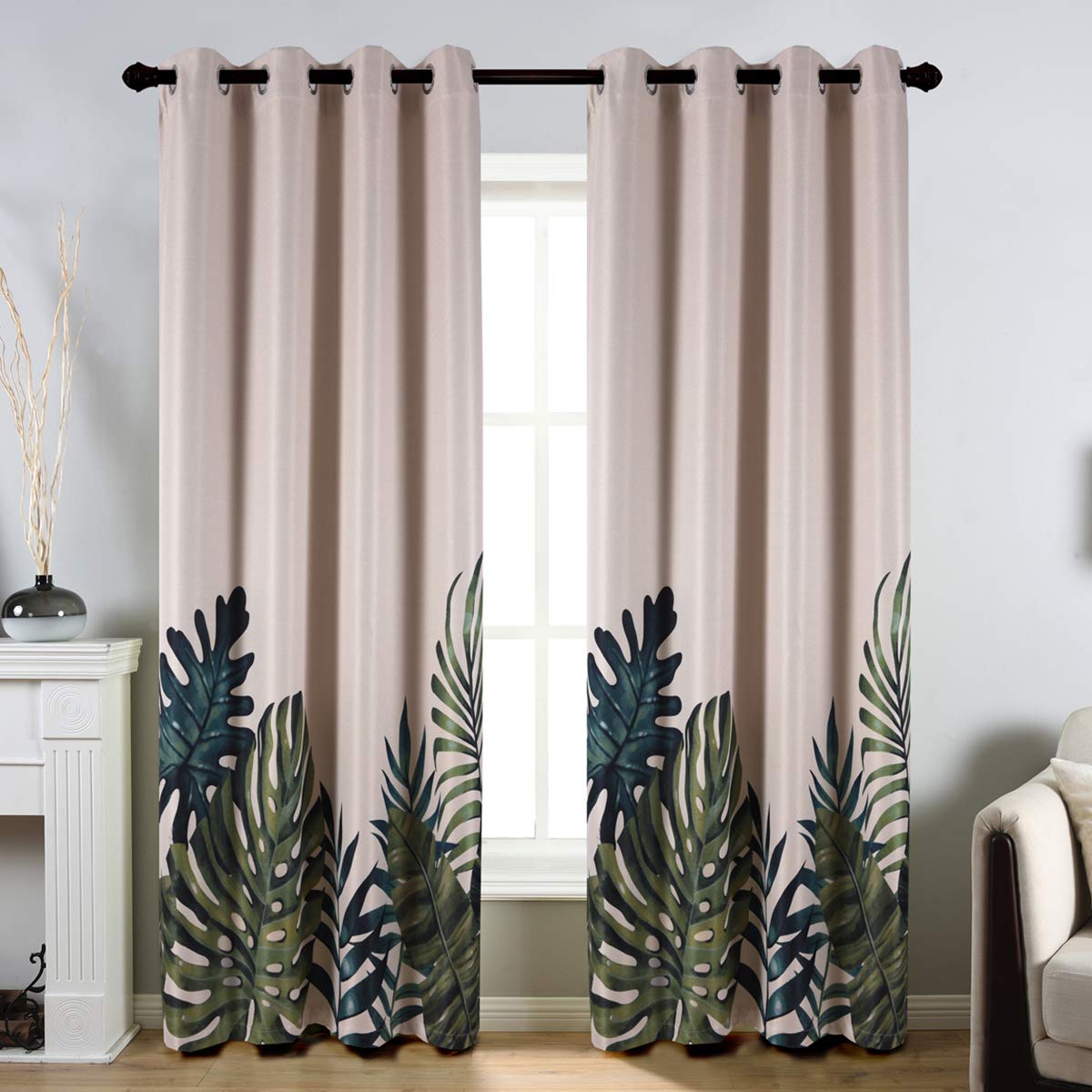 Taisier Home Palm Leaves Print Exotic Style Nature Artwork,2 Panel Fashion Grommet Top Thermal Insulated Room Darkening Curtains,Printing Curtain Leaves(84" Print Curtain)