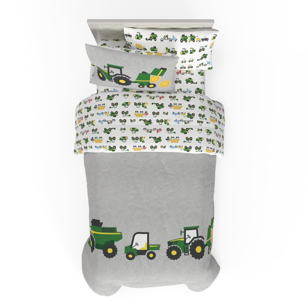 Franco Kids John Deere Farm Equipment Bedding 4 Piece Super Soft Reversible Comforter and Sheet Set, Twin, (Officially Licensed Product)