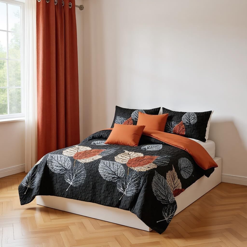 Elegance 9-Piece Leaves King Light Comforter Set, Luxury Bed in a Bag King Bedspread with Matching Curtains Ultra Soft & Breathable Black Brown Floral Bedding, All-Season Decor for Master Suite