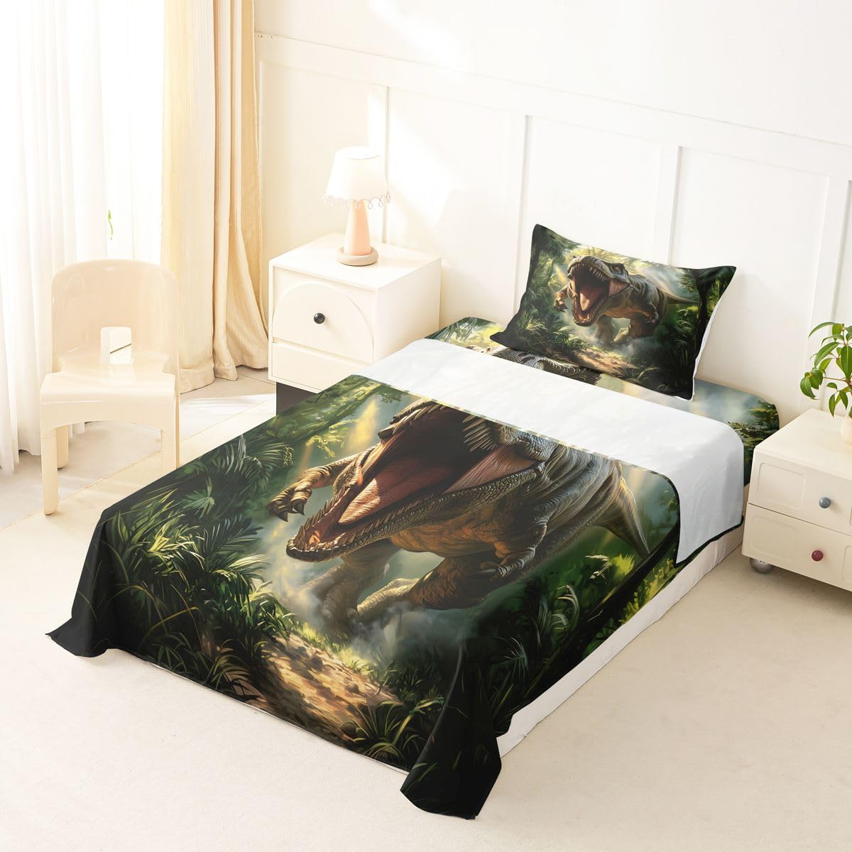 Feelyou Dinosaur Bed Sheets Set Twin Size 3D Digital Print Deep Pocket Fitted Sheet Jungle Dino Bedding Sets Wild Animal Soft Bed Set 3Pcs with 1 Pillow Cases Green Red