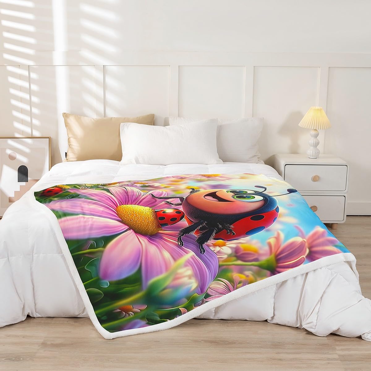 Erosebridal Ladybug Kids Fleece Blankets Cute Kawaii Animal Throw 50"X60" Throw Bed Blanket for Girls Boys,Pink Flowers Ladybird Sherpa Blankets Plants Floral Rustic Ladybug Flannel Blanket