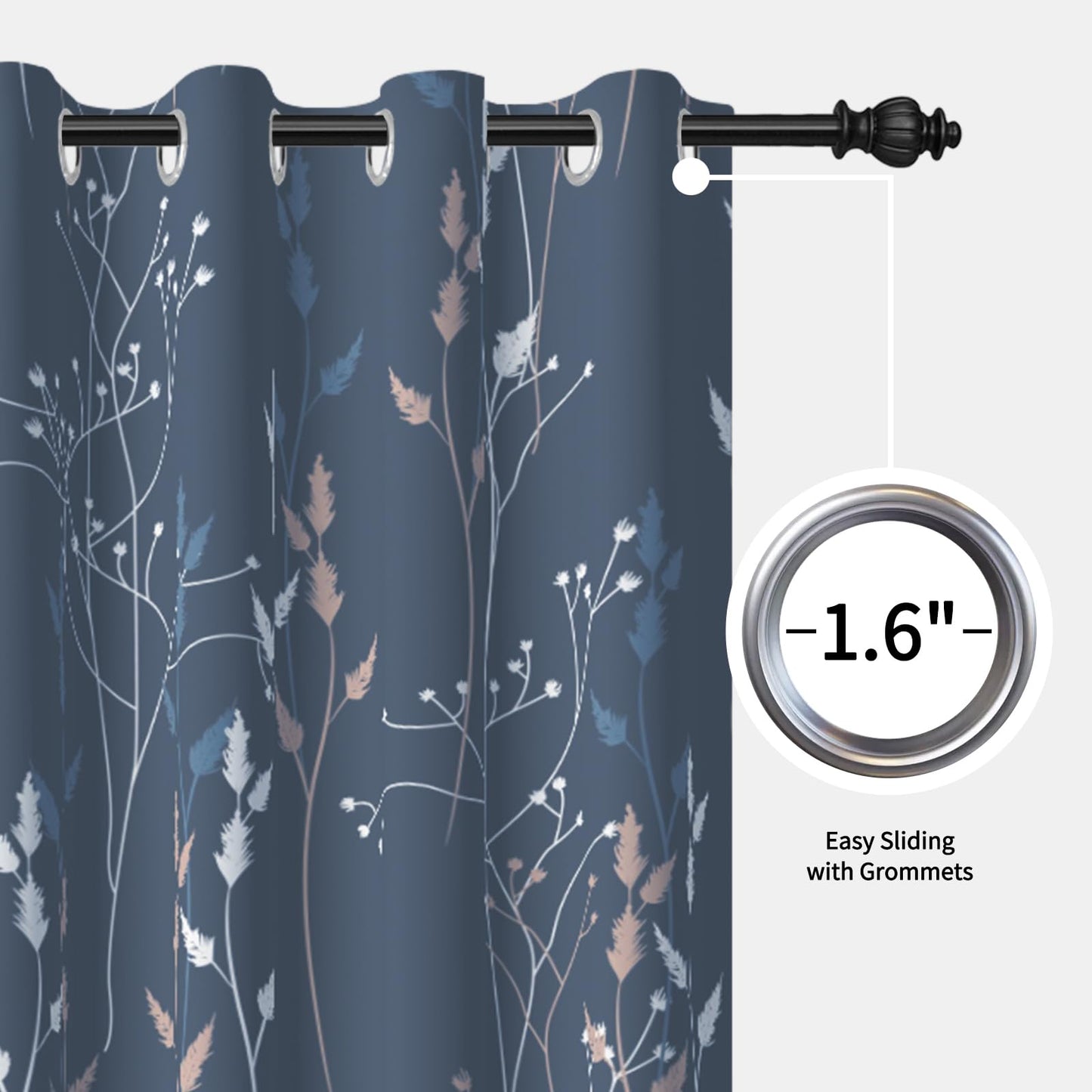 GICDSU Blue Leaves Blackout Curtains 63 Inch Length, Room Darkening Curtains for Living Room Bedroom with Botanical Printed, 2 Panels Set W52xL63