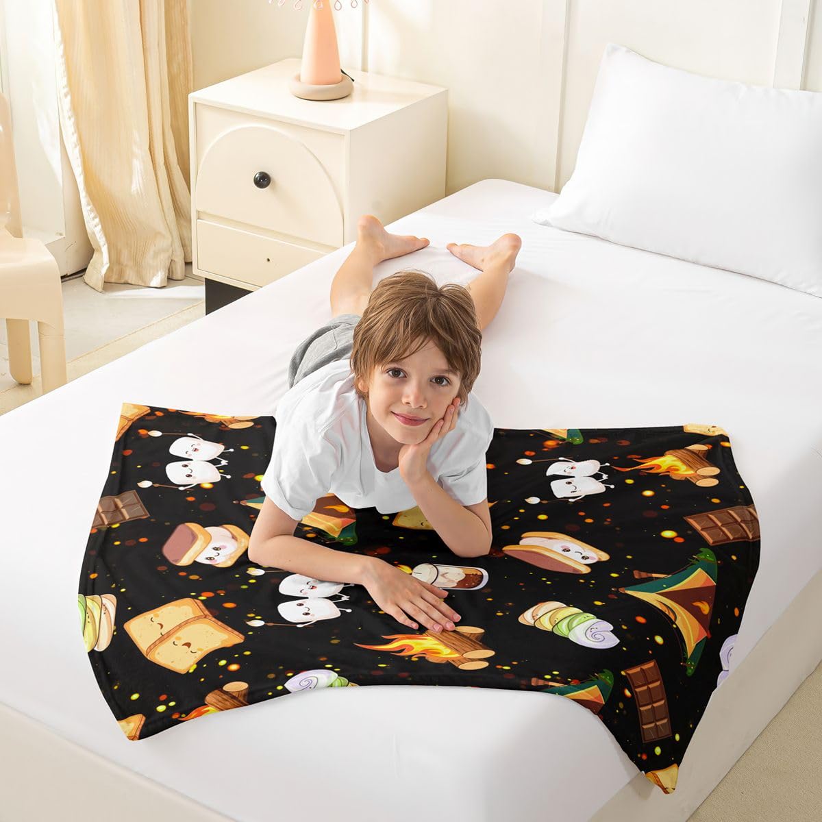 Feelyou Cute Marshmallow Plush Throw Blanket, 40"x50" Kids Cute S'Mores Cookie Flannel Fleece Blanket for Boys Teens Happy Camping All Season,Bed Blanket Outdoor Adventure Room Decor