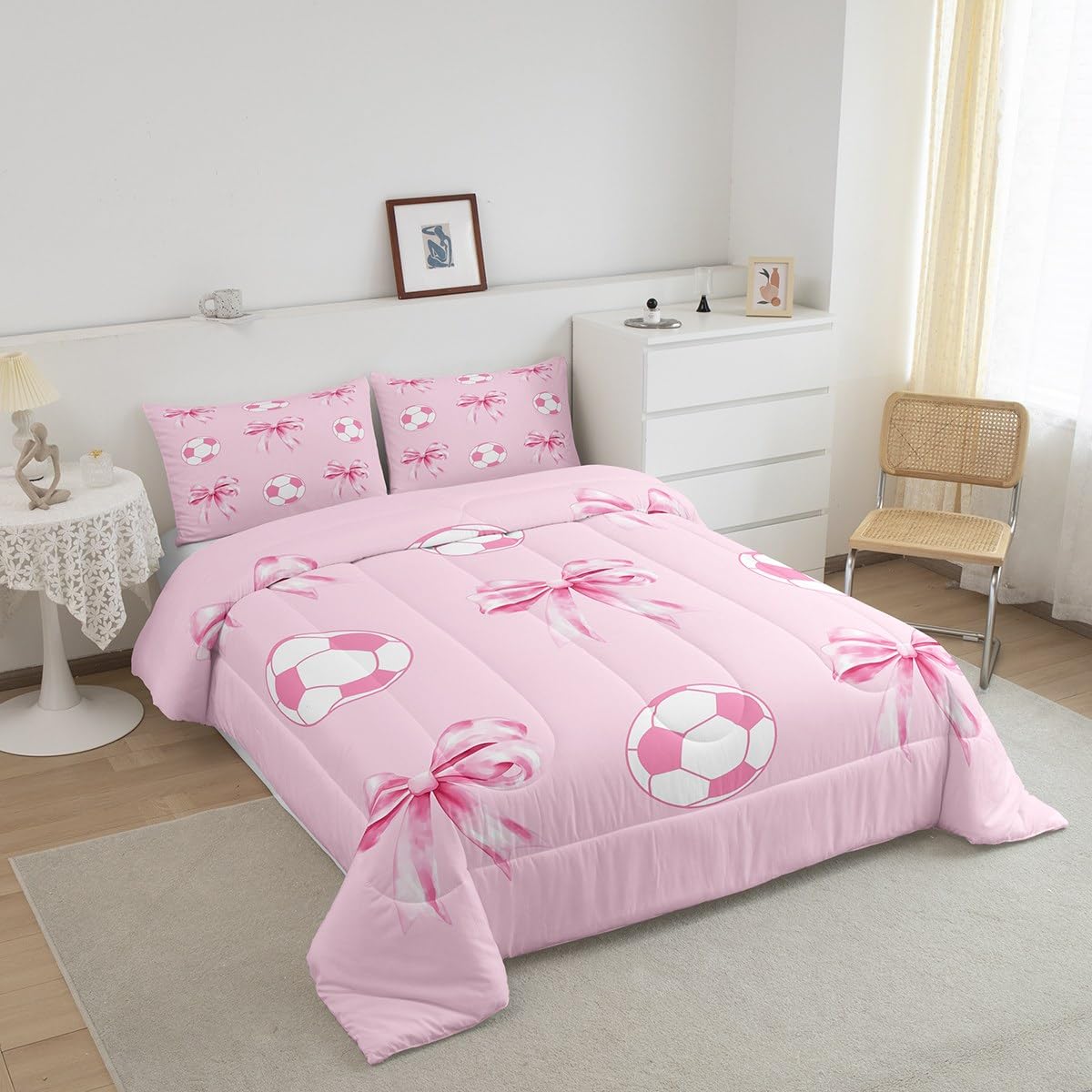 Football Pink Comforter Sets Full Size,Girly Soccer Bow Bedding Sets,Cute Bowknot Princess Style Quilted Duvet for Kids Teens Girls Woman Room Decor,Sport Lover Duvet Insert,2 Pillowcases