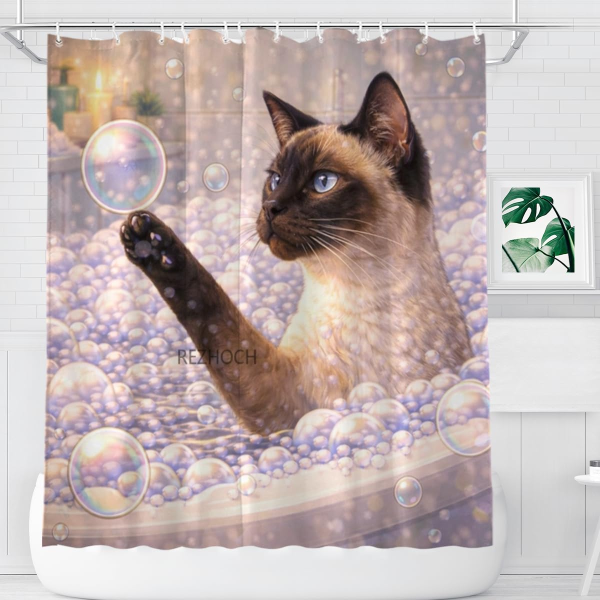 REZHOCH Funny Siamese Cat Shower Curtain 72x72 Inch,Cute Animal Bubble Bathroom Decor,Lovely Bathtub Waterproof Fabric Modern Art Humor Farmhouse Home Bath Set with 12 Hooks