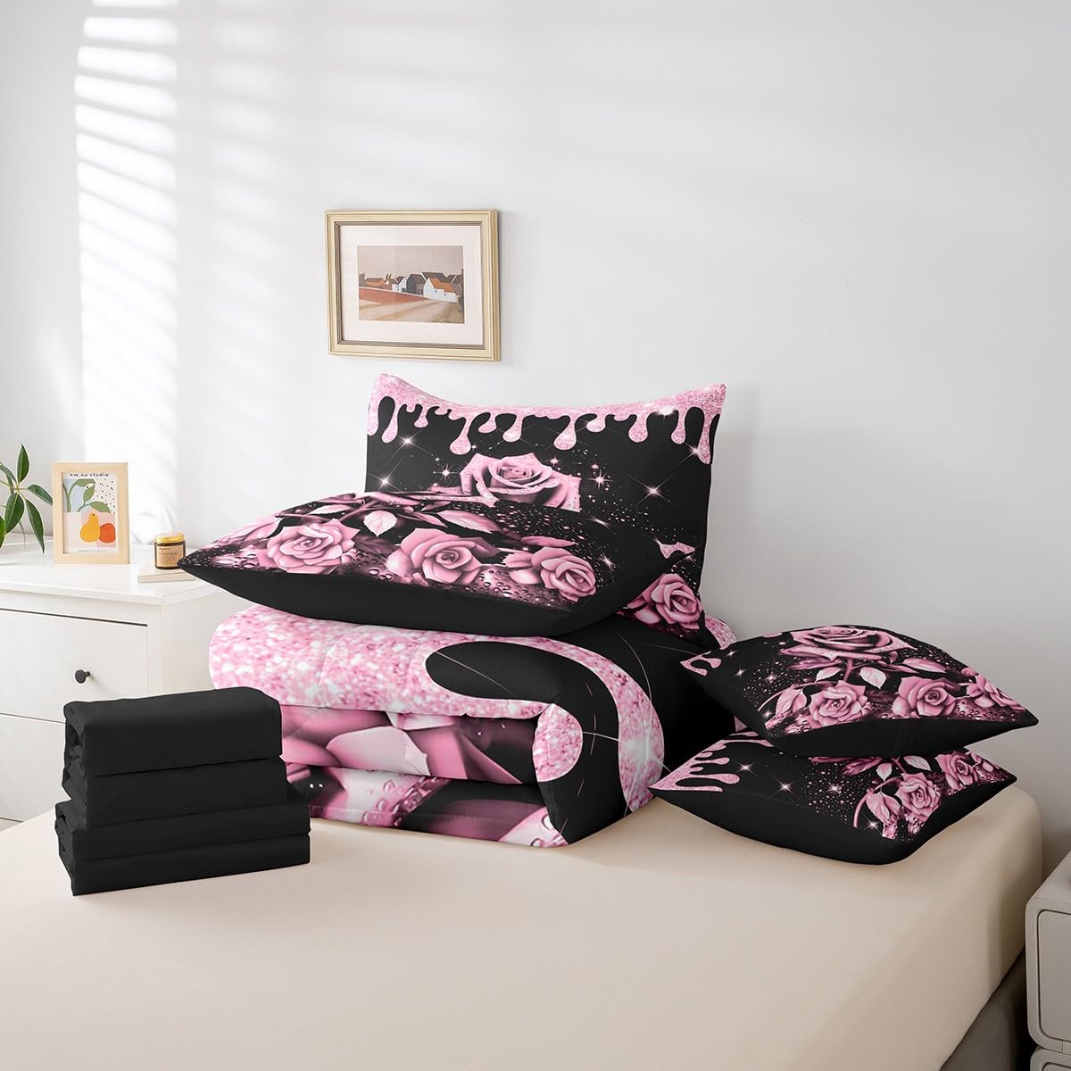 Feelyou Pink Rose 7 Piece Bedding Set Full Size for Kids Boys Girls Teens Toddler Rose Floral Flower Comforter Set with Sheets Romantic Bed in a Bag Glitter Star Bed Set