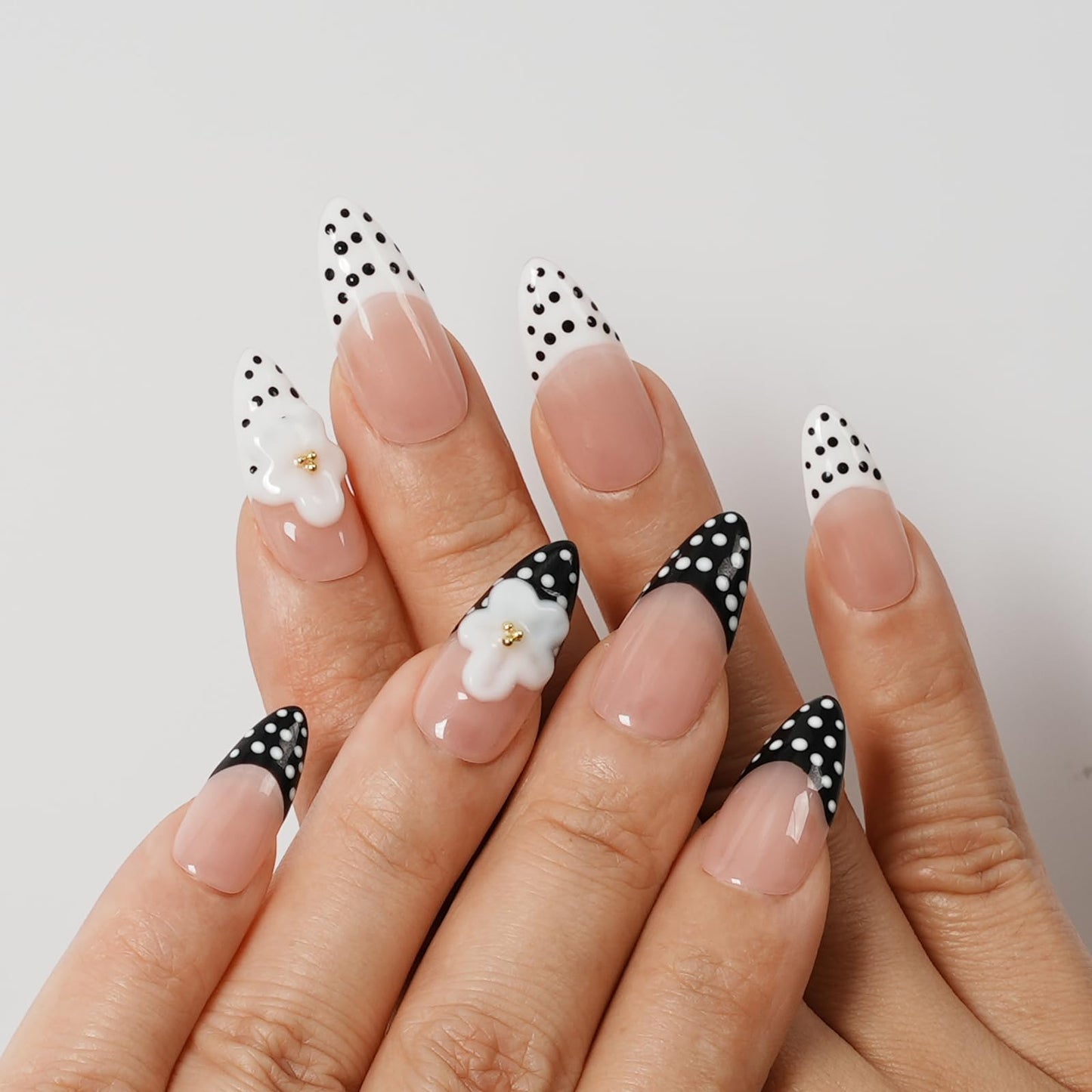 Tesytto Press On Nails Medium Almond, Handmade 3D Flower Polka Dot Fake Nails, French Tip Nude Black White Acrylic Nails, Reusable Press-On Nail Kit (Pink Polka Floral Rhyme,M)