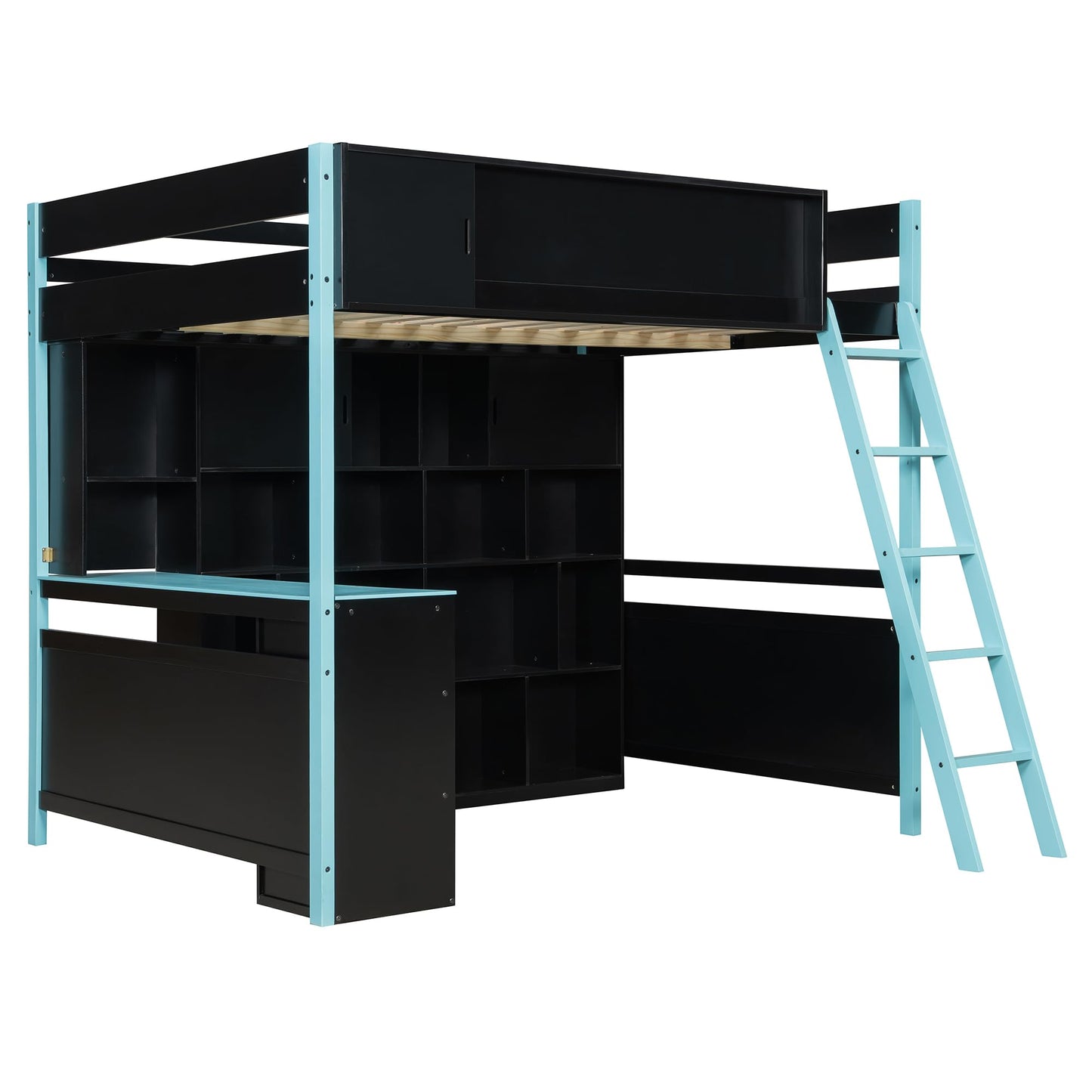 HRJHLucky Full Size Wood Gaming Loft Bed Frame with Desk, Ample Storage Space and Light for Bedroom (Blue)