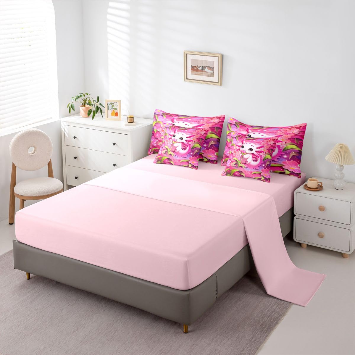 Erosebridal Kids Floral Axolotl Twin Size Bedding Set Teen Girl Cute Axolotl 7 Pieces Comforter Set with Sheets Romantic Sea of Flowers Bed in a Bag Girly Pink Sea Ocean Animal Bed Sets