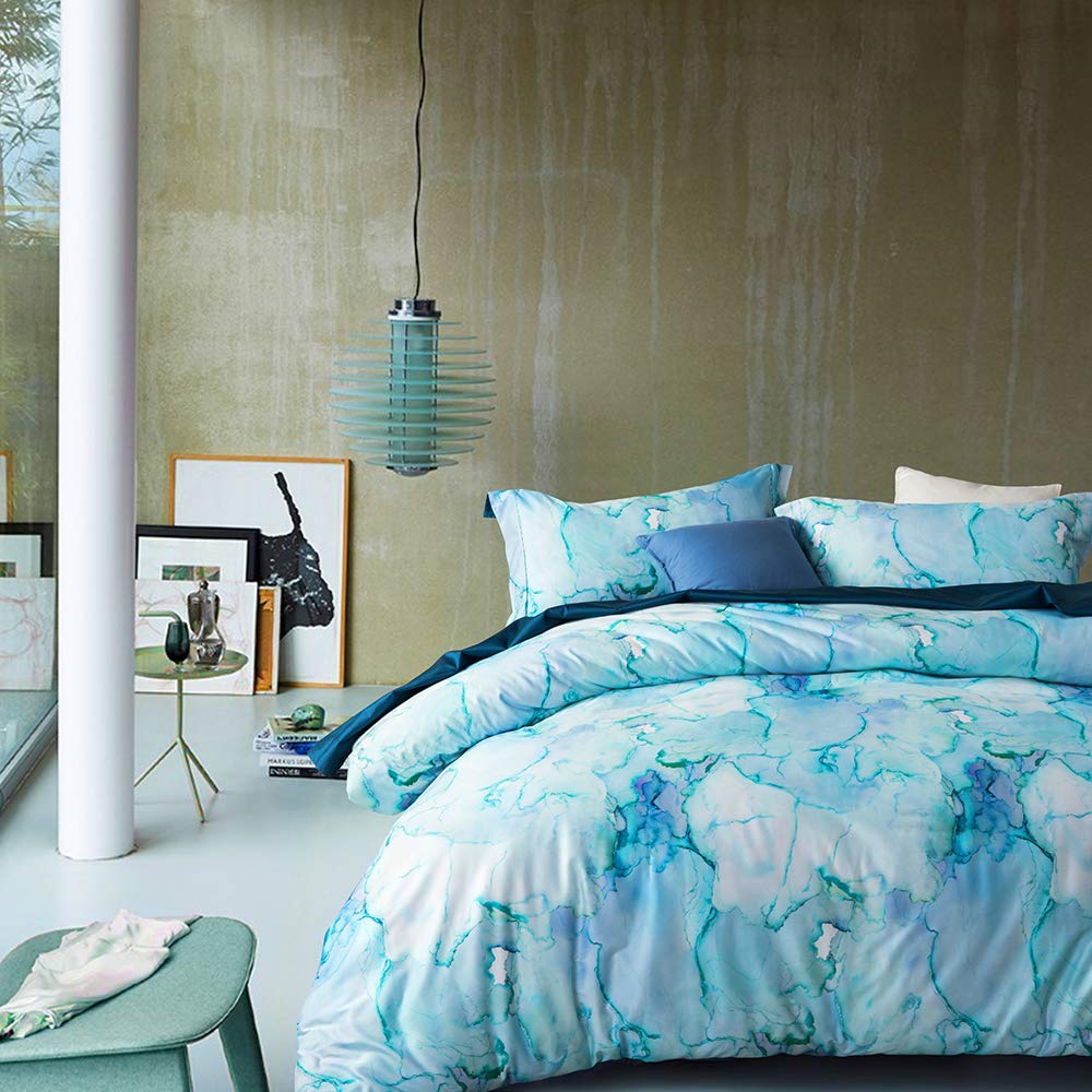 MILDLY Floral Duvet Cover Set - 100% Long-Staple Cotton Aqua Watercolor Marble Pattern Printed Comforter Cover 3pcs Soft Breathable Luxury Bedding for All Season