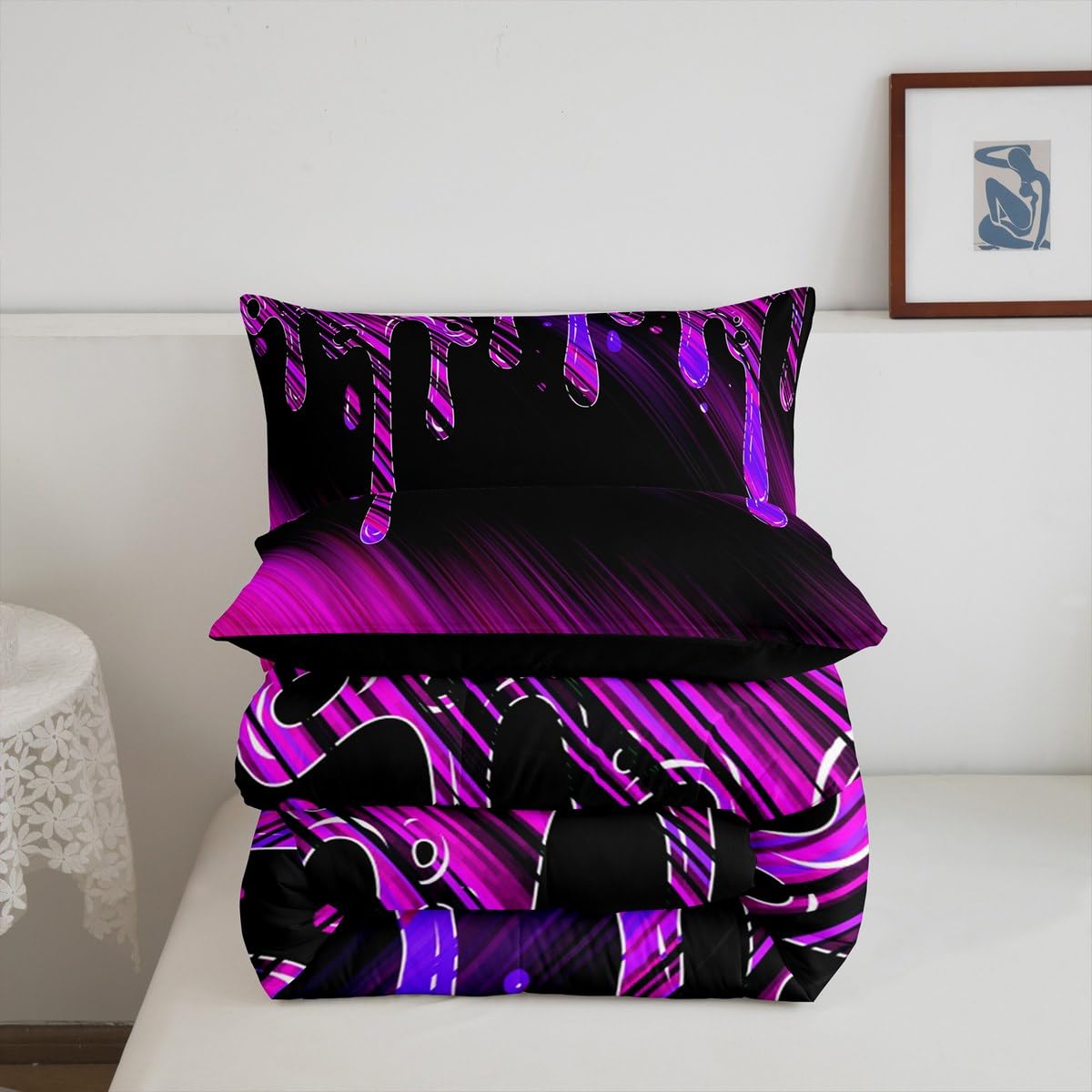 Feelyou Abstract Bedding Set Kids Ombre Purple Black Reversible Comforter Set Modern Art Comforter for Women Men Room Decor Drop-Shaped Duvet Set Full Size with 2 Pillow Case