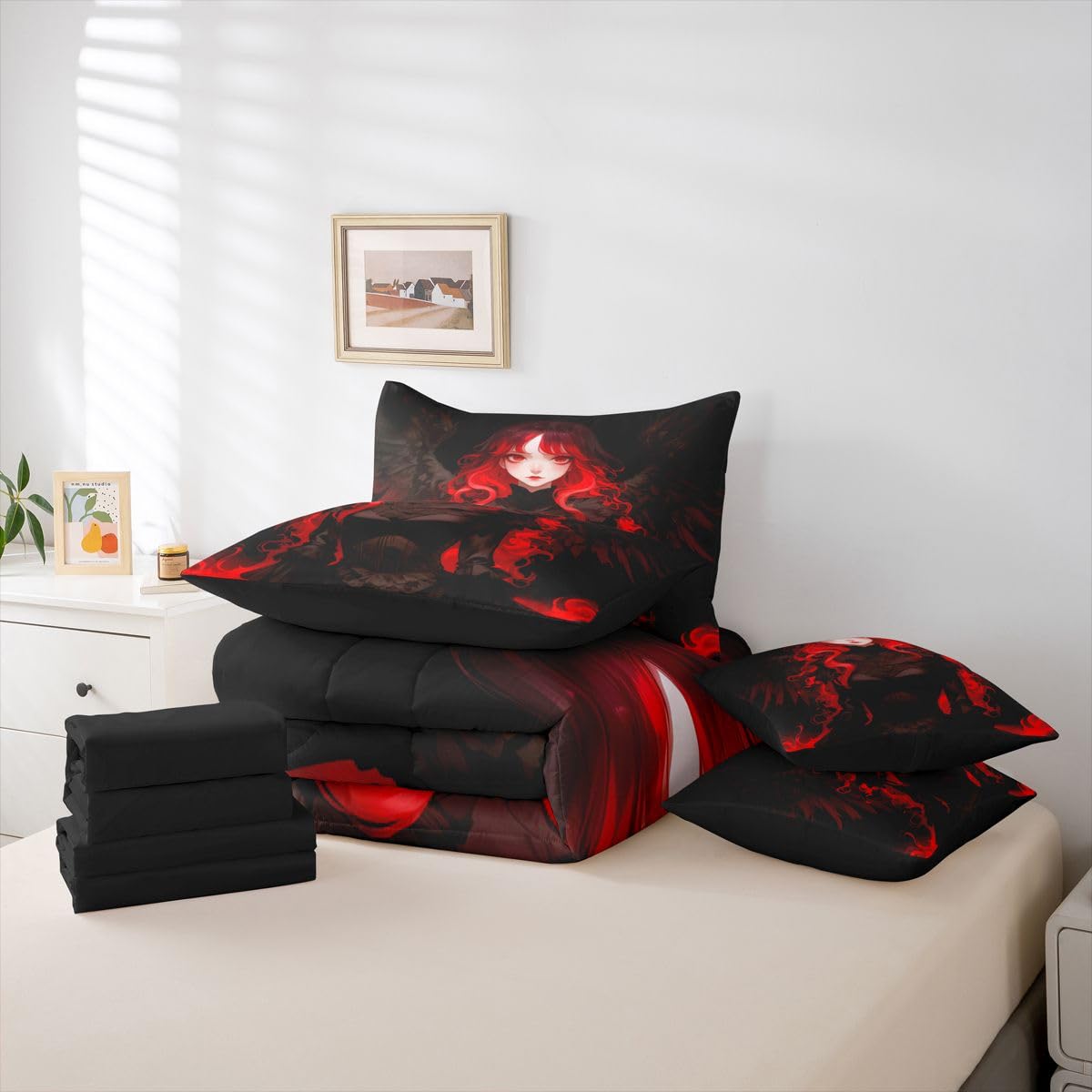 Erosebridal Japanese Anime Comforter Set Japan Ukiyoe Girl Bedding Set 7 Pieces Black and Red Anime Bed in A Bag Twin,Japanese Style Sheet Set with Comforter for Room Decor