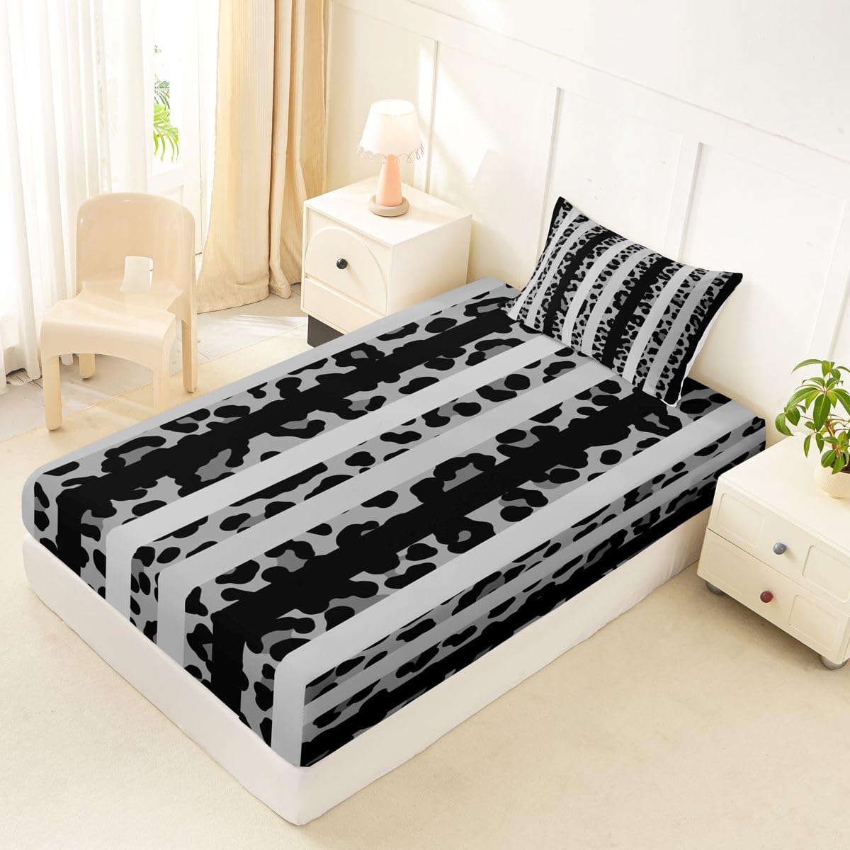 jejeloiu Black Leopard Print Fitted Sheet with 1 Pillowcase Twin Size Abstract Bed Sheets Set 16" Deep Pocket Boys Girls Leopard Stripes Bedding Teens Bedroom Decor Breathable