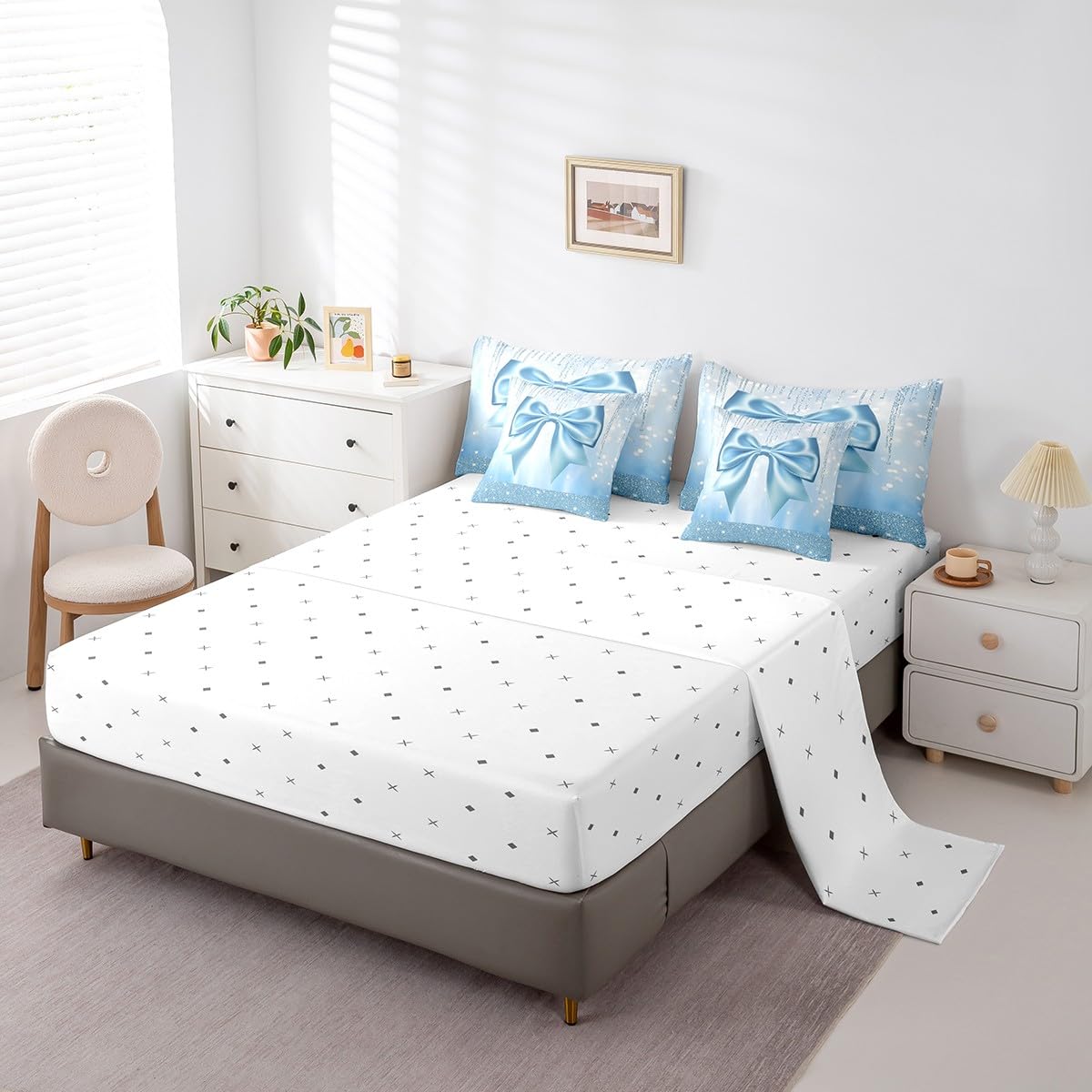 Feelyou Kids Cute Bowknot 7 Pieces Bedding Set Twin Size, Dreamy Princess Comforter Set with Sheets Boys Girls Glitter Bed in A Bag Blue Bow Teens Bed Set Bedroom Decor 7Pcs