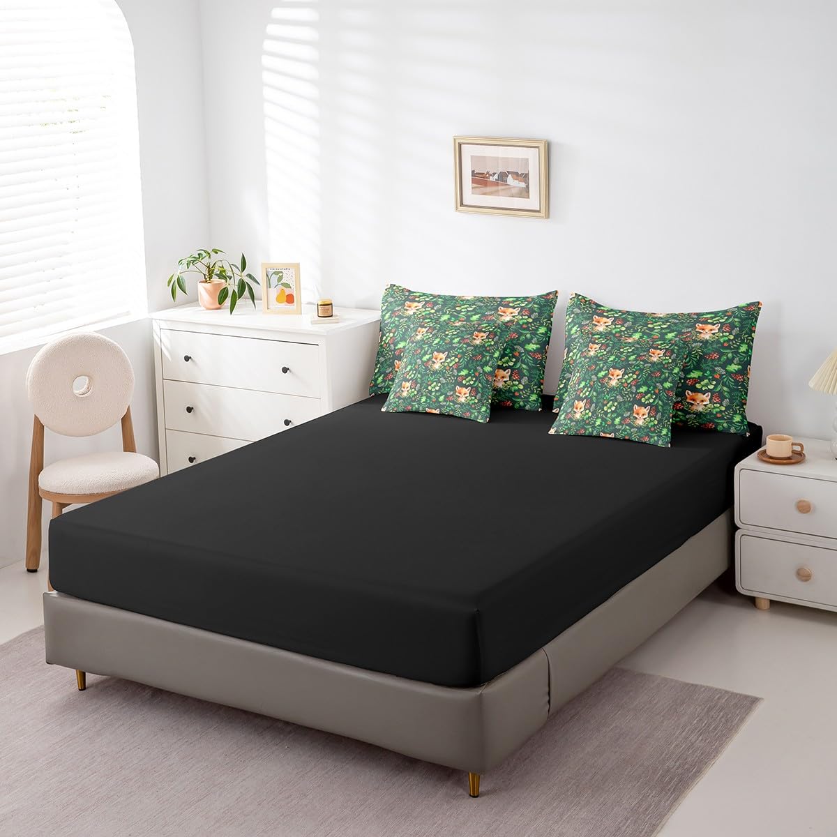 Erosebridal Fox Comforter Set 7 Piece Bed in a Bag Twin,Wild Woodland Animals Bedding Sets Jungle Botanical Leaf Comforter and Sheet Set,Green Plant Leaves Rustic Wildlife Farmhouse Bed Set
