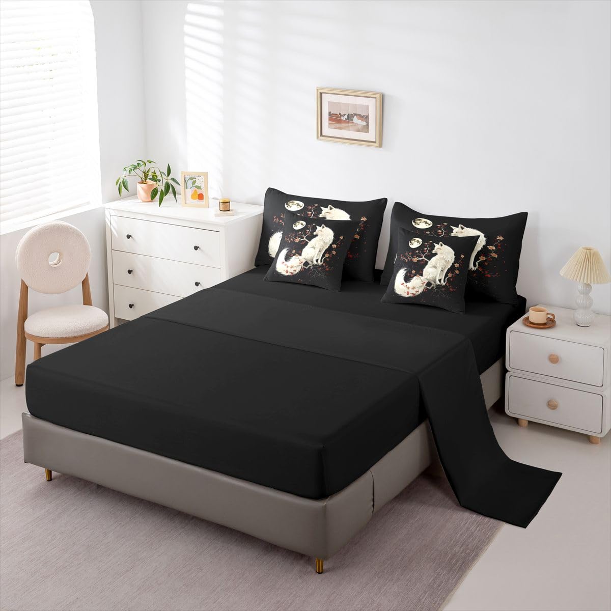 7 Pieces Twin Size White Fox Comforter Set,Japan Ukiyo-e Cherry Blossom Bedding Set for Boys Girls,Exotic Animal Rustic Farmhouse (Comforter+Fitted+Flat Sheet+2 Pillowcases+2 Throw Pillow Covers)