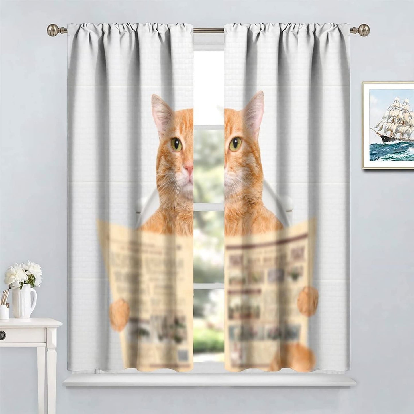 Funny Animal Bathroom Curtains,Cute Cat Reading Newspaper on Toilet Lovely Kitty for Pet Lover Window Drapes for Living Room Kitchen Bedroom Decor,Set of 2 Panel W42xL45in