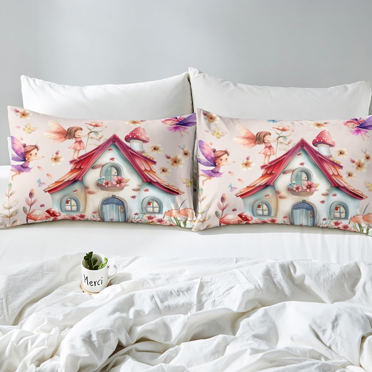 Erosebridal Floral Fairy Twin Bedding Set,Dreamy Fairy Garden Fitted Sheet for Girls Kids,Cute Mushroom Butterfly Bed Set,Kawaii Girly Flower Bed Sheets 2Pcs Room Decor (No Flat Sheet)