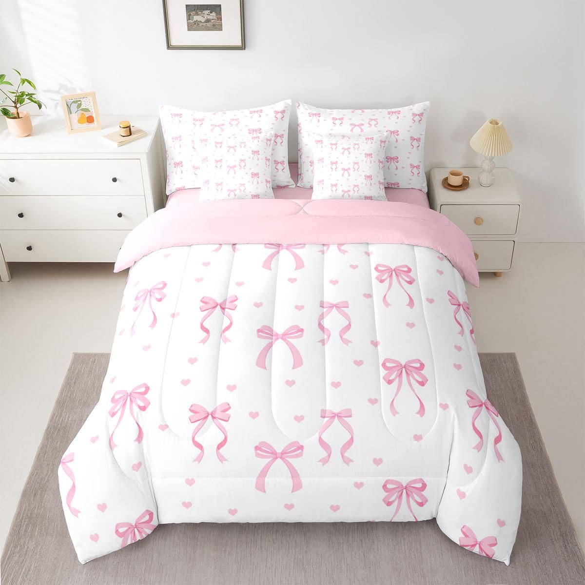 Erosebridal Cute Pink Bow Full Comforter Set 7 Pieces,Ribbon Bow Knot Bed in A Bag,Girly Pink Bows Bedding Set with Comforters, Sheets, Pillowcases Princess Bowknot Bedroom Decor