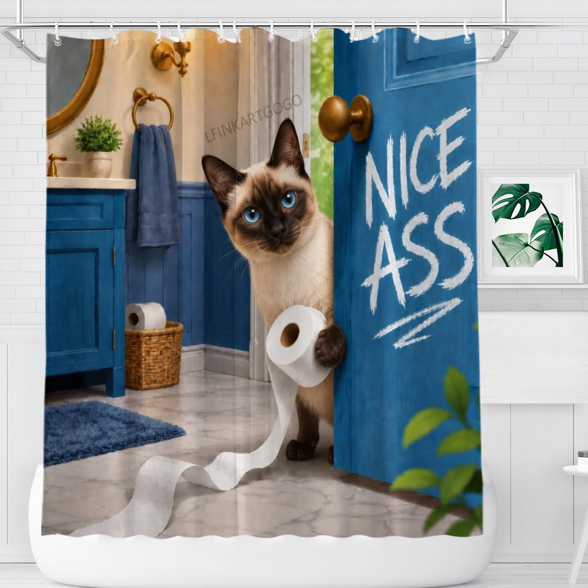 LFINKARTGOGO Funny Siamese Cat Shower Curtain 72x72 with 12 Hooks Humor Pet Animal Print Waterproof Washable Polyester Bath Curtain for Home Hotel Decor