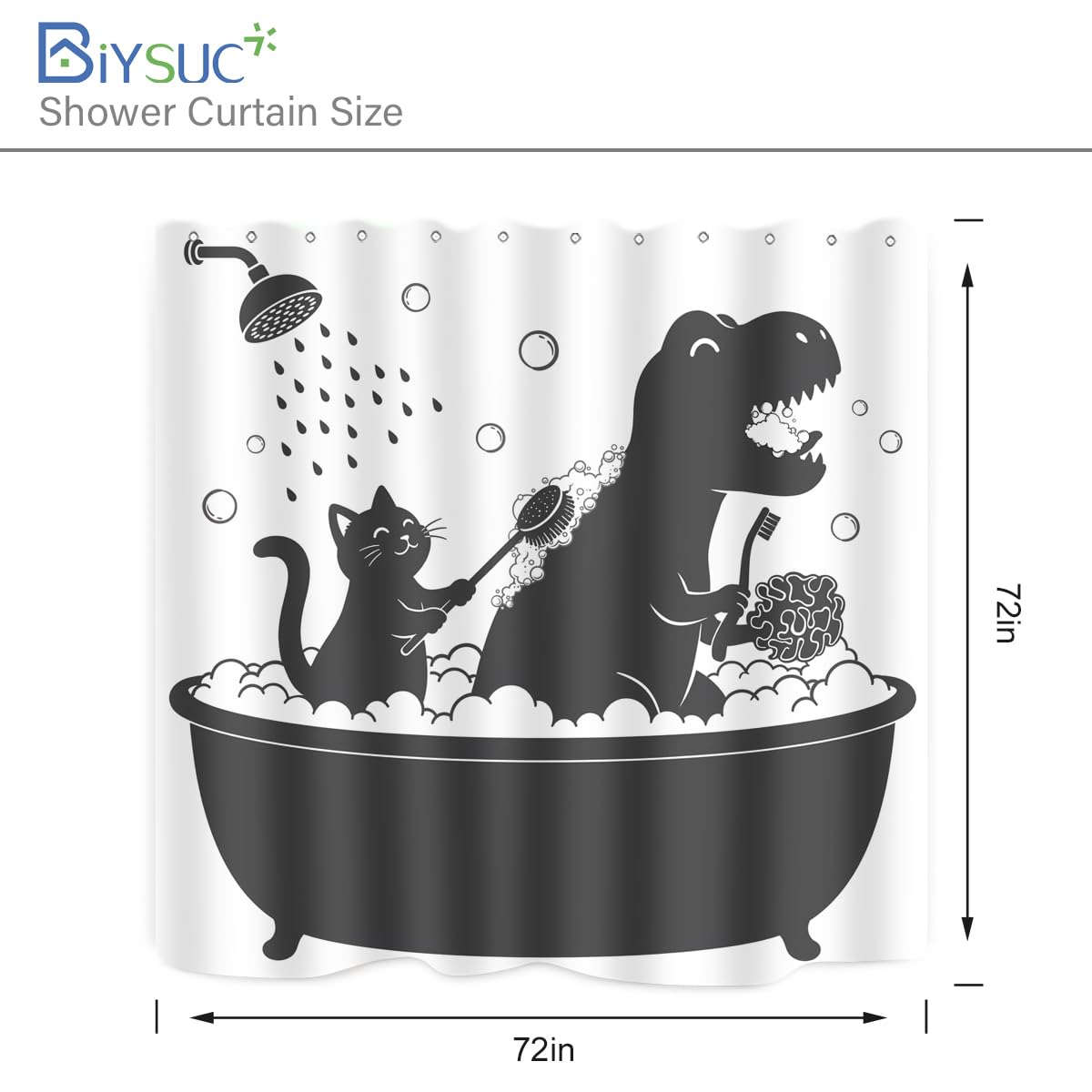 BIYSUC Dinosaur Shower Curtain Funny Dino Cat for Kids Boys Trex Silhouette Animal Shadow Cartoon Black White Bathroom Waterproof Polyester Fabric 72Lx72W Inch with Hooks