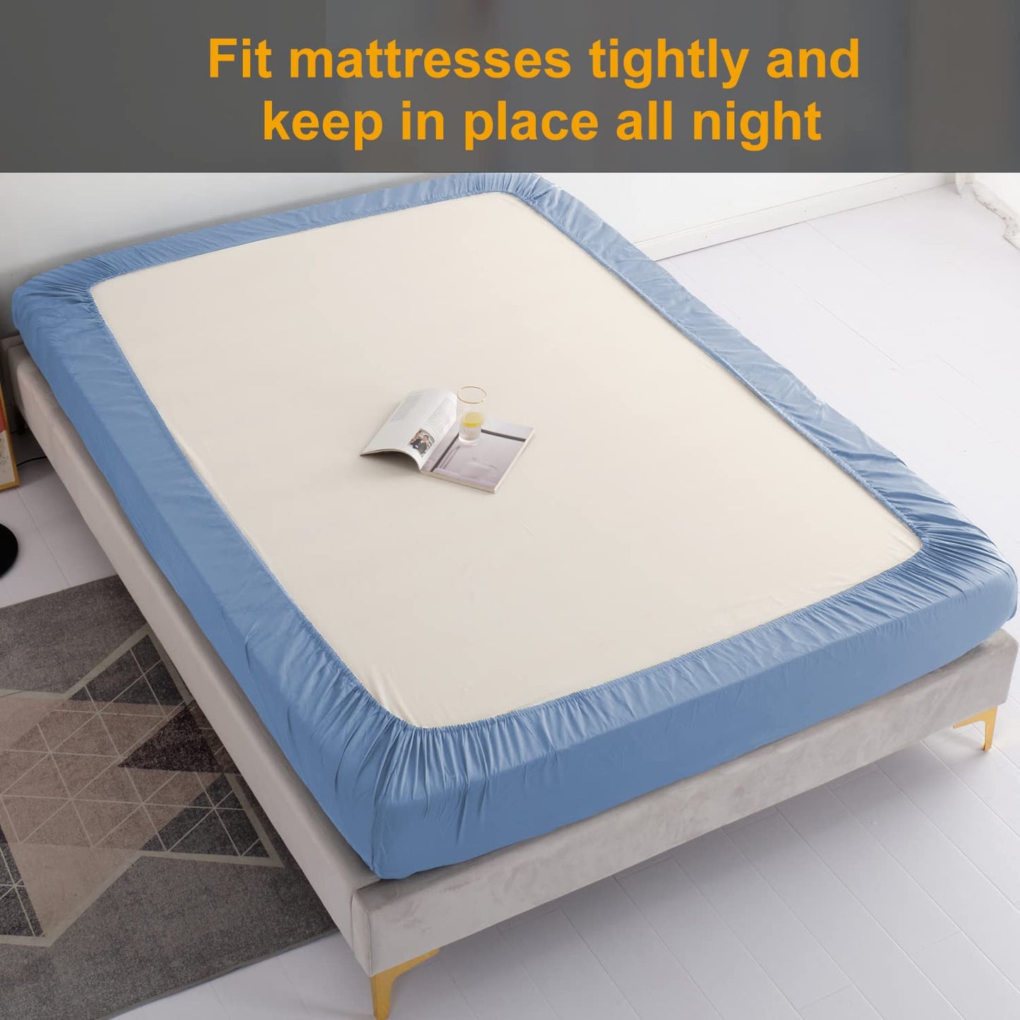 MILDLY Deep Pocket Fitted Sheet Only Queen Size 60"x80" 100% Long Staple Cotton Blue Breathable Bottom Sheet Fits Up to 14" Deep Mattress