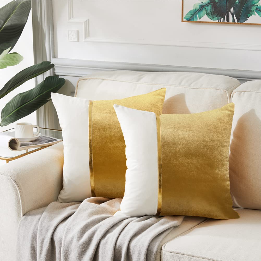 Fancy Homi 4 Pack Gold Decorative Throw Pillow Covers 18x18 Inch for Living Room Couch Bed Sofa, Velvet Patchwork with Gold Leather, Luxury Home Decor Square Cushion Case 45x45 cm