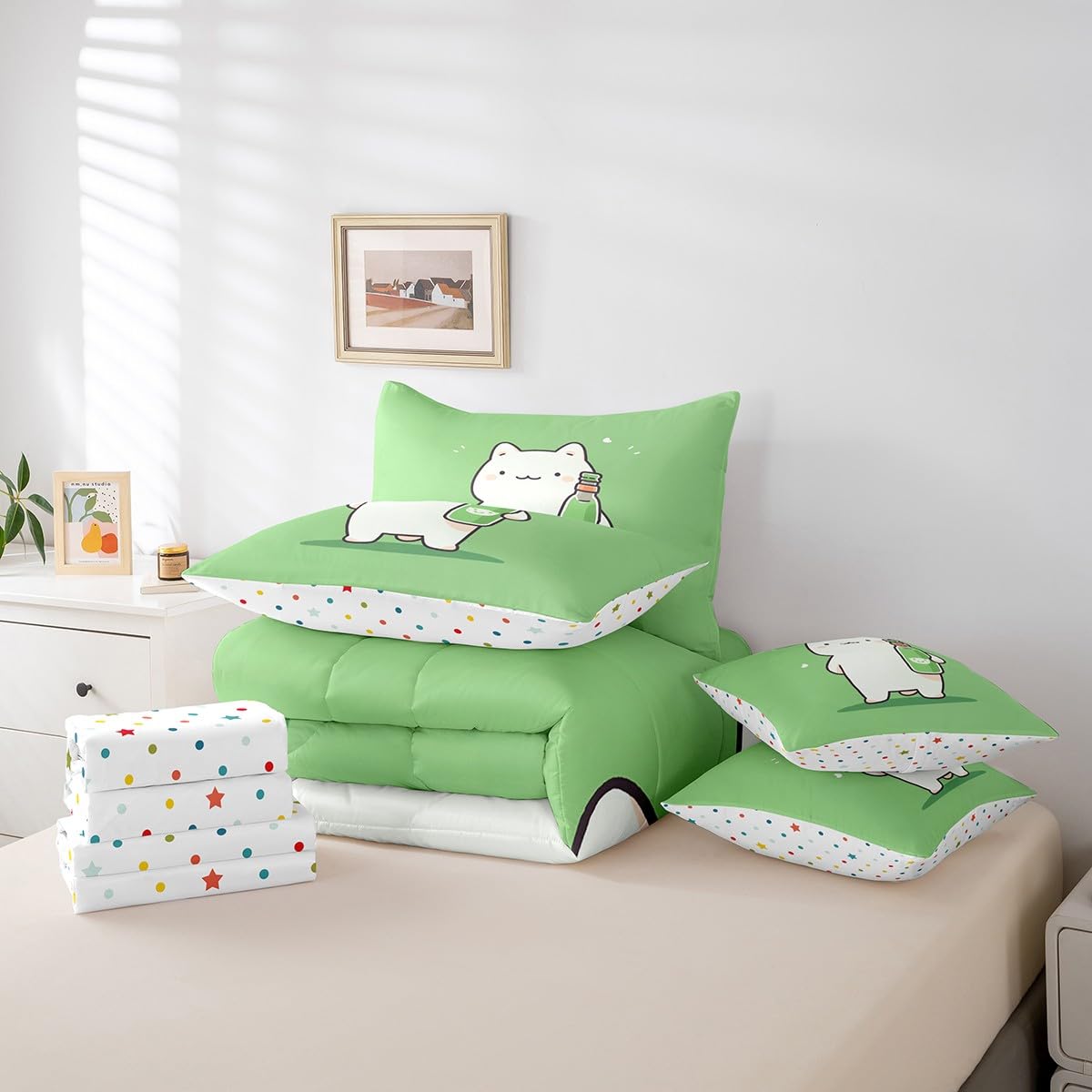 Erosebridal Cartoon White Cat Bedding Set King Size, Kawaii Pet Kitten Comforter Set, Cute Animals Kids Teens (Comforter+Fitted+Flat Sheet+2 Pillowcases+2 Throw Pillow Covers) 7 Pieces Bed Set