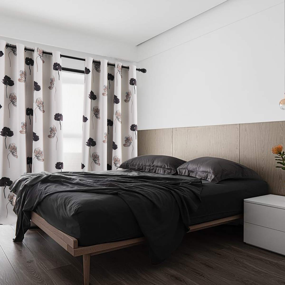 Taisier Home Floral Print Thermal Insulated Bedroom Heat Absorbing Room Darkening Energy Efficient Savings Living Room Window Curtain Grommet Panels, Set of 2, 52 W x 95 L, Black/Grey/Brown