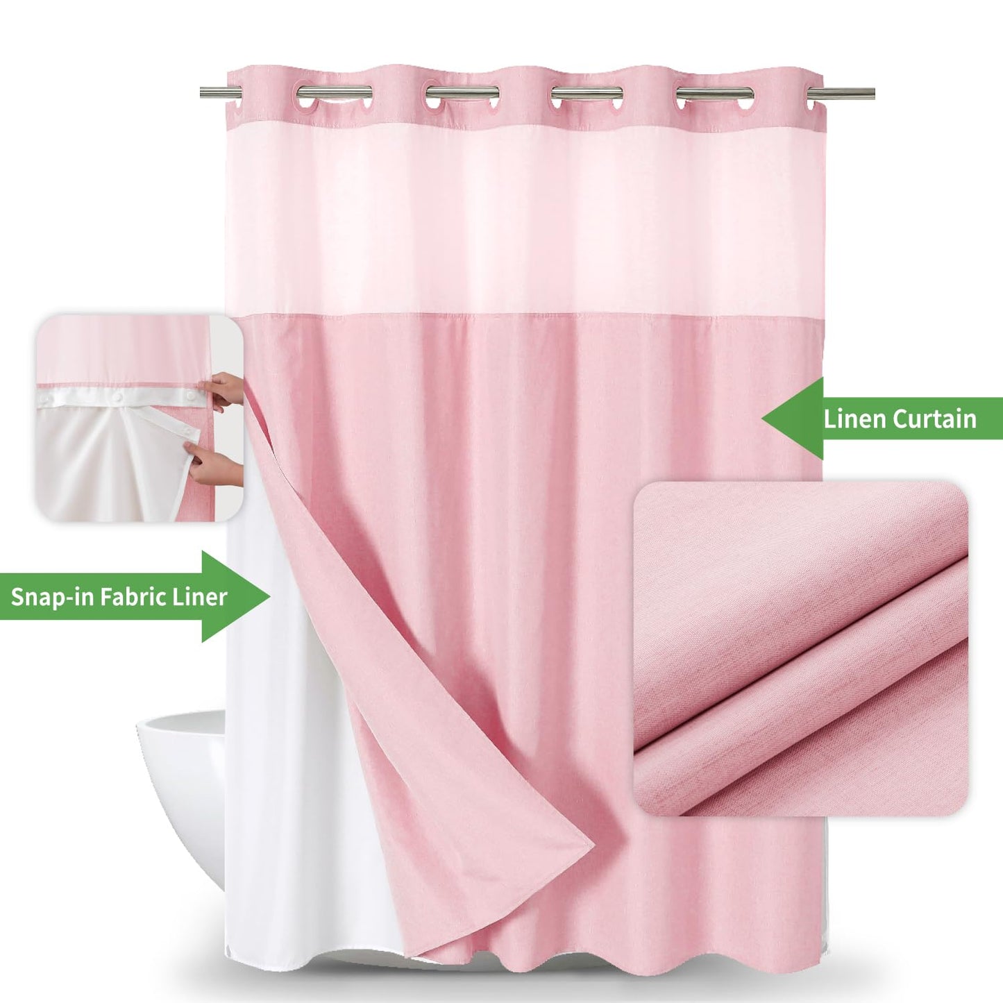 eachope Long No Hooks Needed Linen Textured Shower Curtain with Snap-in Fabric Liner Set,Hotel Luxury Decor Shower Curtains for Bathroom,Waterproof & Washable,71Wx80H,Pink