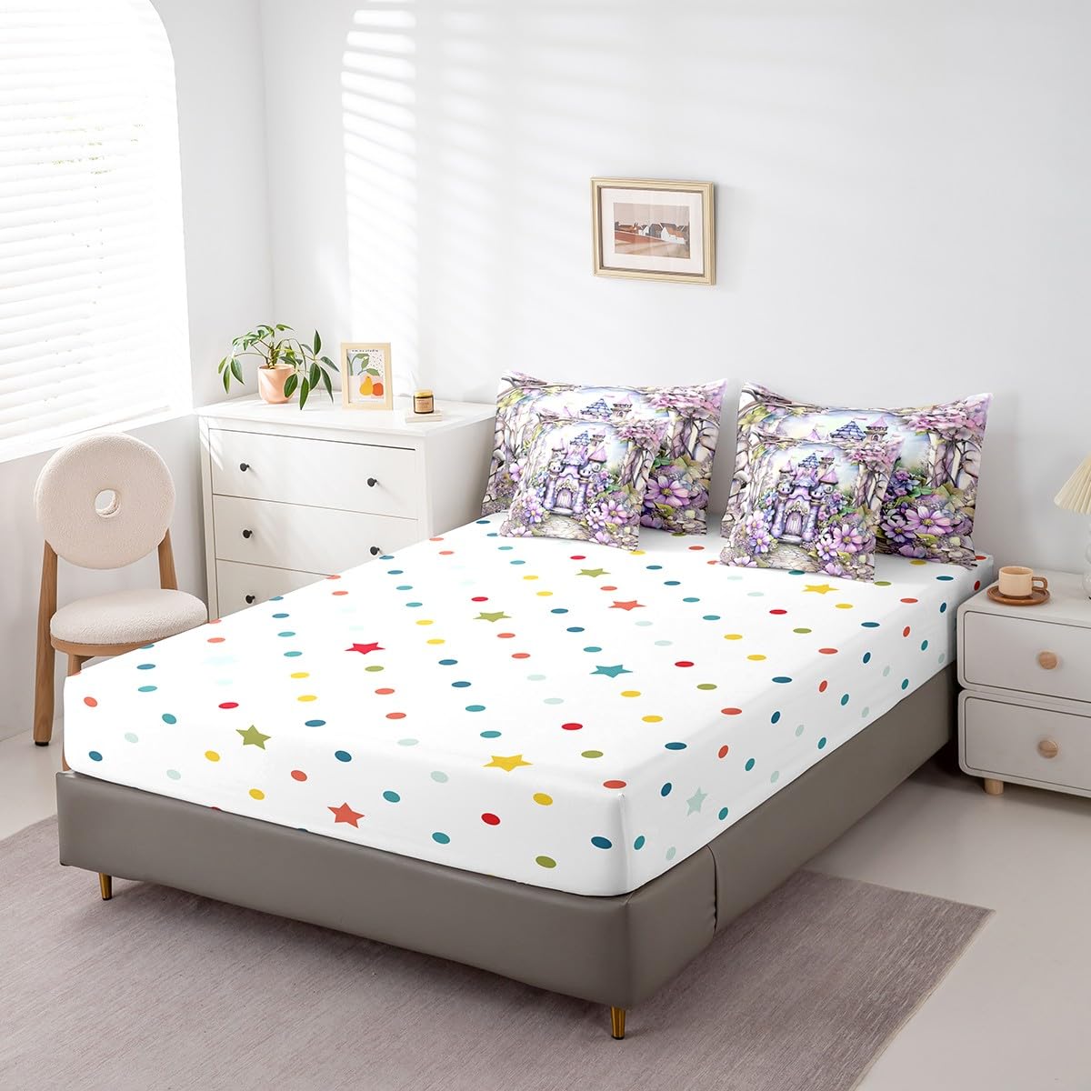 Feelyou Boys Girls Princess Bed in A Bag Queen Size, Dreamy Castle 7 Pieces Bedding Set Romantic Comforter Set with Sheets Kids Floral Flower Teens Bed Set Bedroom Decor 7Pcs