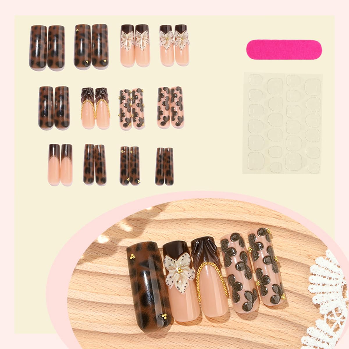 Brown Press on Nails Long Square Fake Nails French tip Glue on Nails with 3D Flower, Wave, Gold Charms Designs Full Cover Glossy False Nail Press ons Stick on Nail for Women Manicure 24Pcs