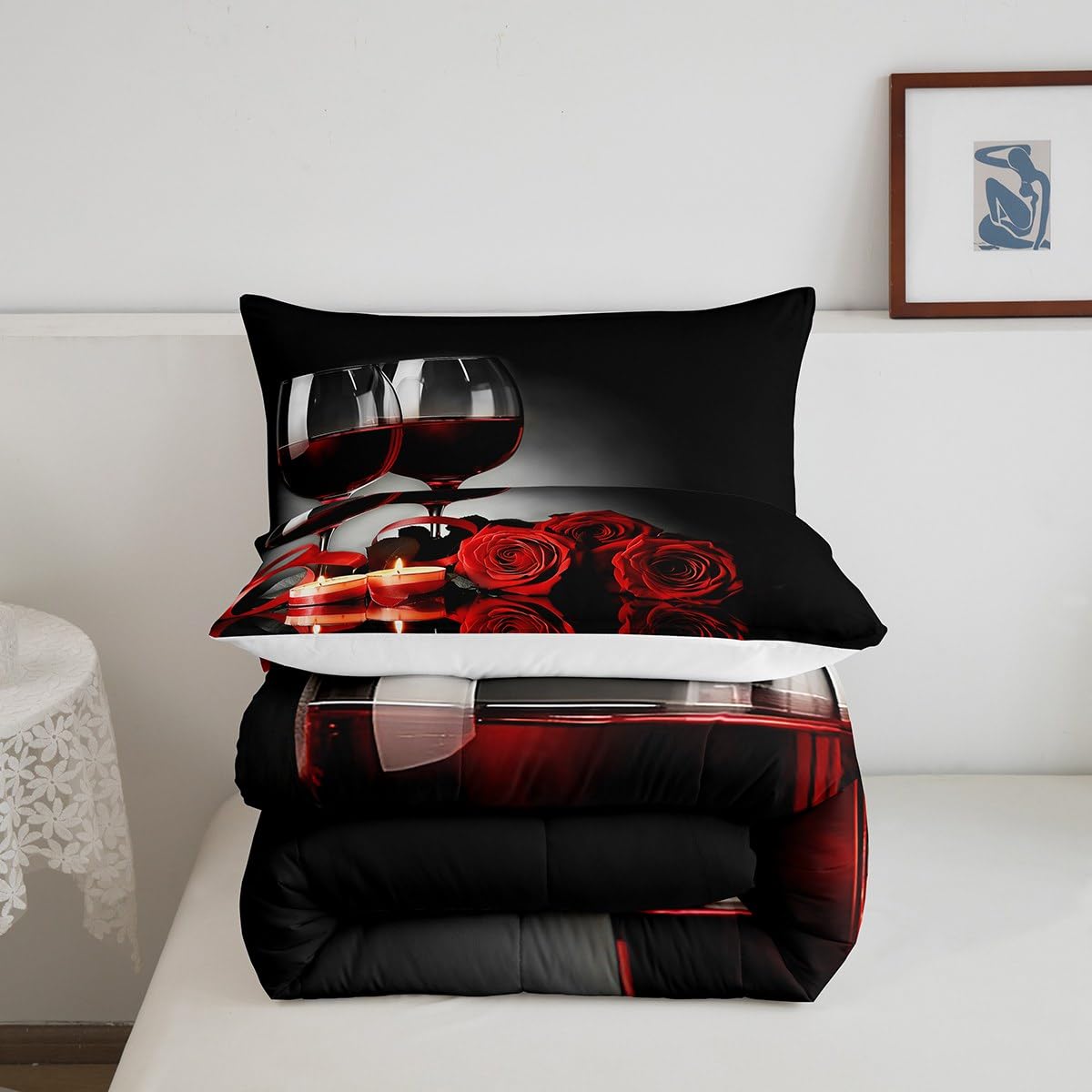 Erosebridal Rose Wine Glass Comforter Set for Girls Red Black Rose Bedding Set King Size Floral Blossom Quilt Set Banquet Flower Romantic Valentine's Day Duvet Set, Women Men Adult Grey Comforter Set